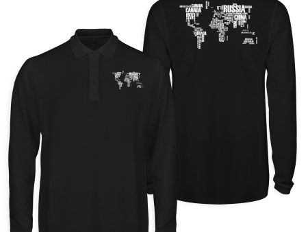 World Map (Text) Designed Long Sleeve Polo T-Shirts (Double-Side) For Discount