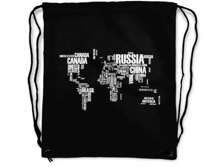 World Map (Text) Designed Drawstring Bags For Sale