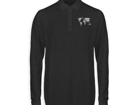 World Map (Text) Designed Long Sleeve Polo T-Shirts For Sale